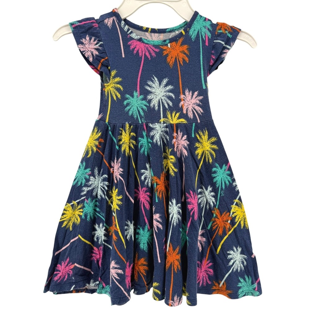 Posh Peanut Girls Navy Blue Palm Tree Bamboo Twirl Dress Flutter Sleeve 2T